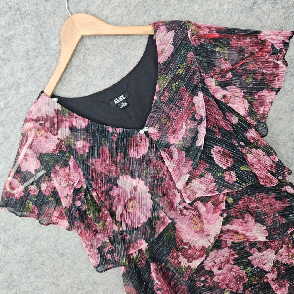 NEW SLNY Tiered Floral Dress Womens 12 Black Pink Metallic Ruffle Flutter Sleeve